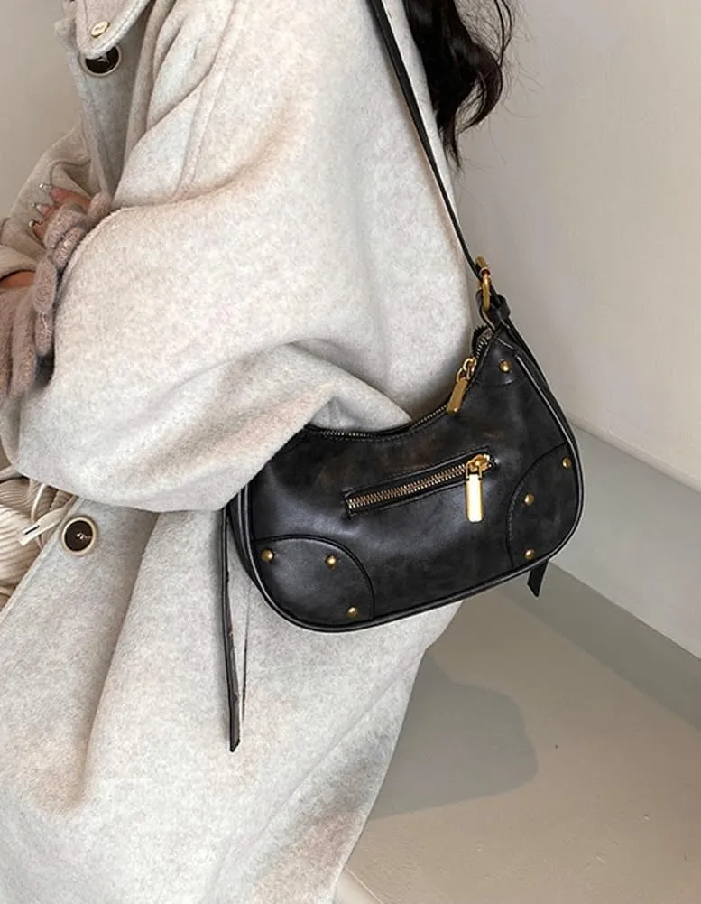 Vegan Leather Shoulder Crossbody Bag for Women Y2k Dumpling Purse Zipper Small Totes Handbag Retro Satchel