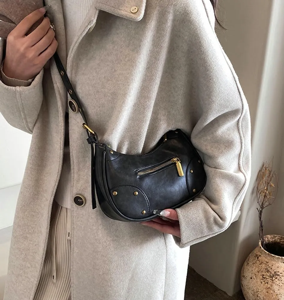 Vegan Leather Shoulder Crossbody Bag for Women Y2k Dumpling Purse Zipper Small Totes Handbag Retro Satchel