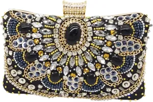 Vintage women's black beaded evening gown handbag, women's boxed wedding cocktail party handbag