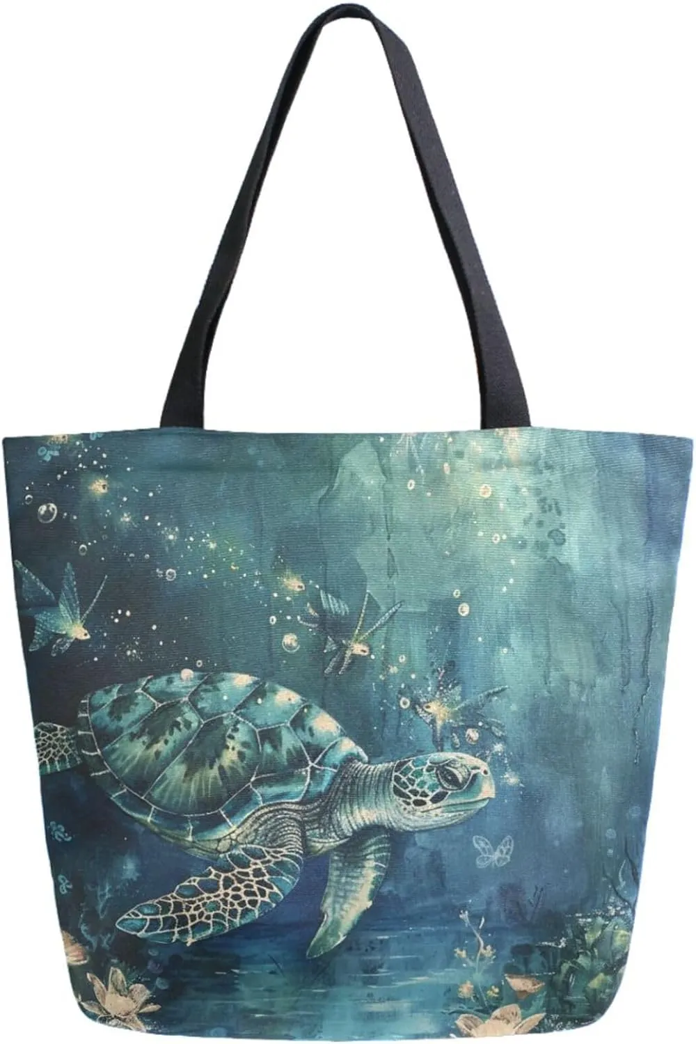 Vivid Pattern Extra Large Shoulder Grocery Tote Bag, Fairy Turtle Fishes Canvas Daily Handle Bag for Gym Weekender Beach Travel Kitchen Reusable Market Shopping, ojk69743708p281c318s555