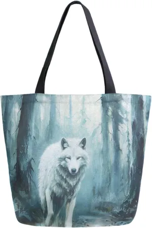 Vivid Pattern Extra Large Shoulder Grocery Tote Bag, Foggy Woodland White Fox Trees Canvas Daily Handle Bag for Gym Weekender Beach Travel Kitchen Reusable Market Shopping