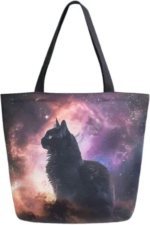 Vivid Pattern Extra Large Shoulder Grocery Tote Bag, Magic Outer Space Nebula Cat Silhouette Canvas Daily Handle Bag for Gym Weekender Beach Travel Kitchen Reusable Market Shopping