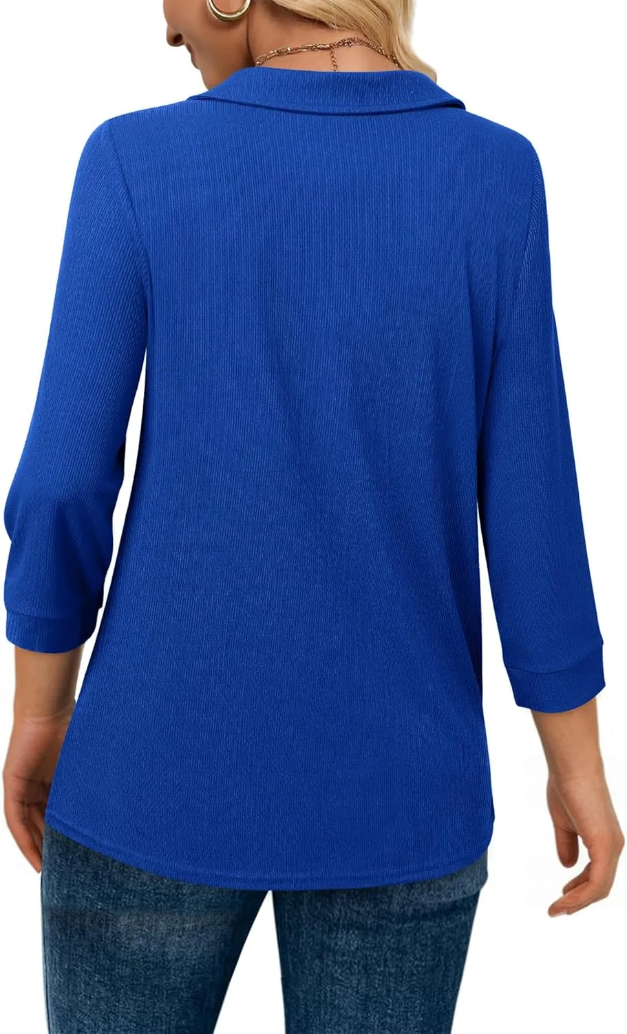 Vivilli Womens Tops Dressy Casual Summer Fall Outfts 3/4 Length Sleeve V Neck Shirts Work Blouses Zipper Collar Polo Shirts