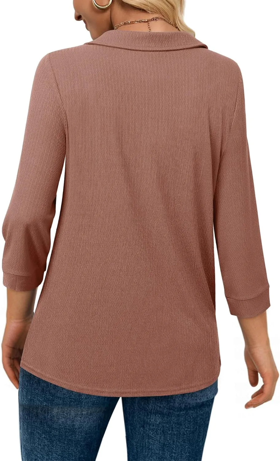 Vivilli Womens Tops Dressy Casual Summer Fall Outfts 3/4 Length Sleeve V Neck Shirts Work Blouses Zipper Collar Polo Shirts