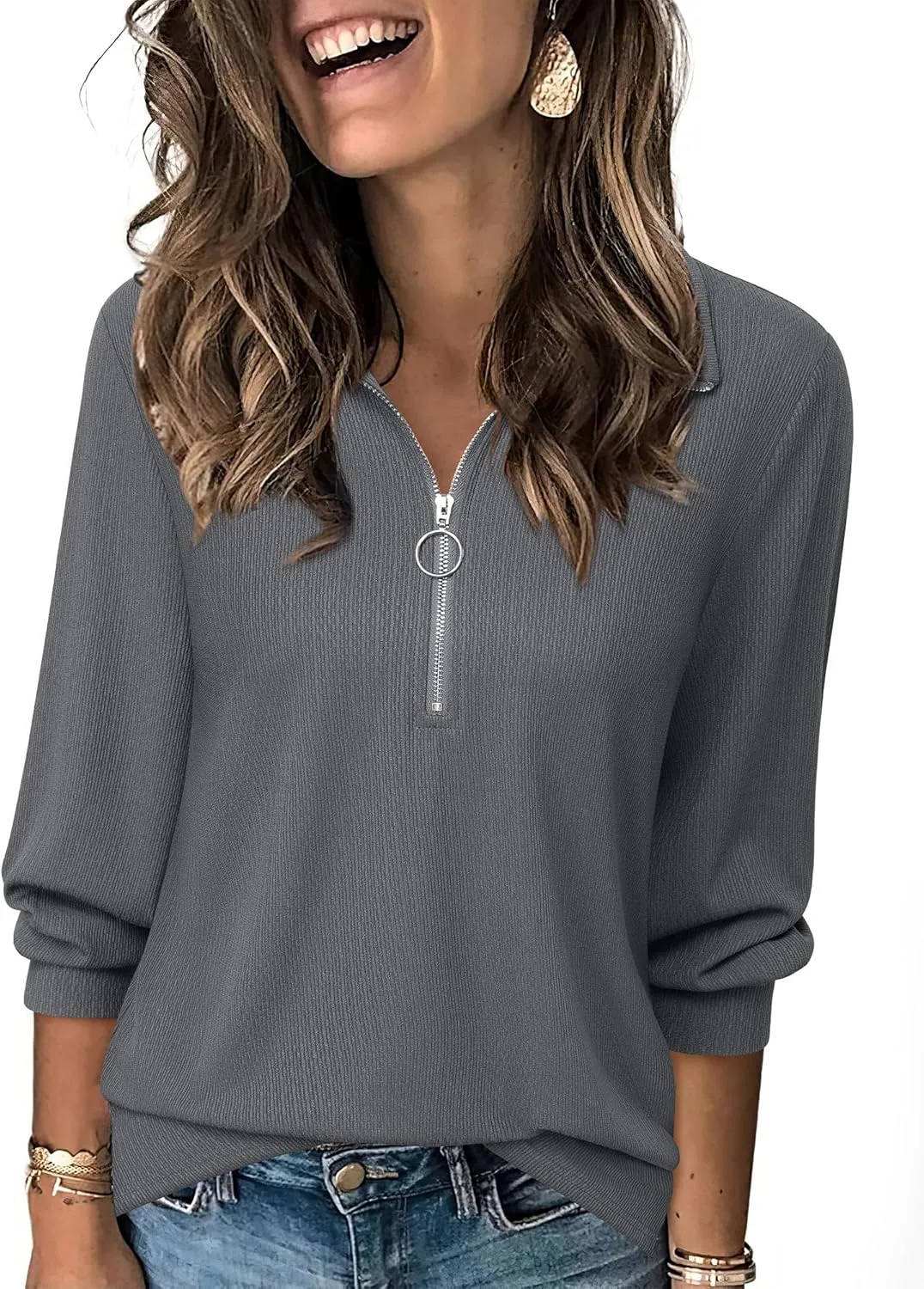 Vivilli Womens Tops Dressy Casual Summer Fall Outfts 3/4 Length Sleeve V Neck Shirts Work Blouses Zipper Collar Polo Shirts