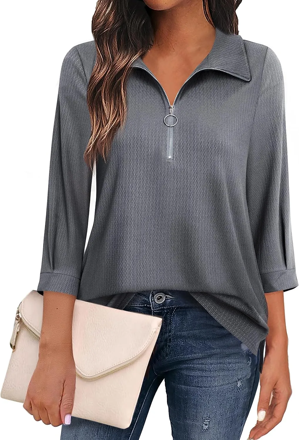 Vivilli Womens Tops Dressy Casual Summer Fall Outfts 3/4 Length Sleeve V Neck Shirts Work Blouses Zipper Collar Polo Shirts