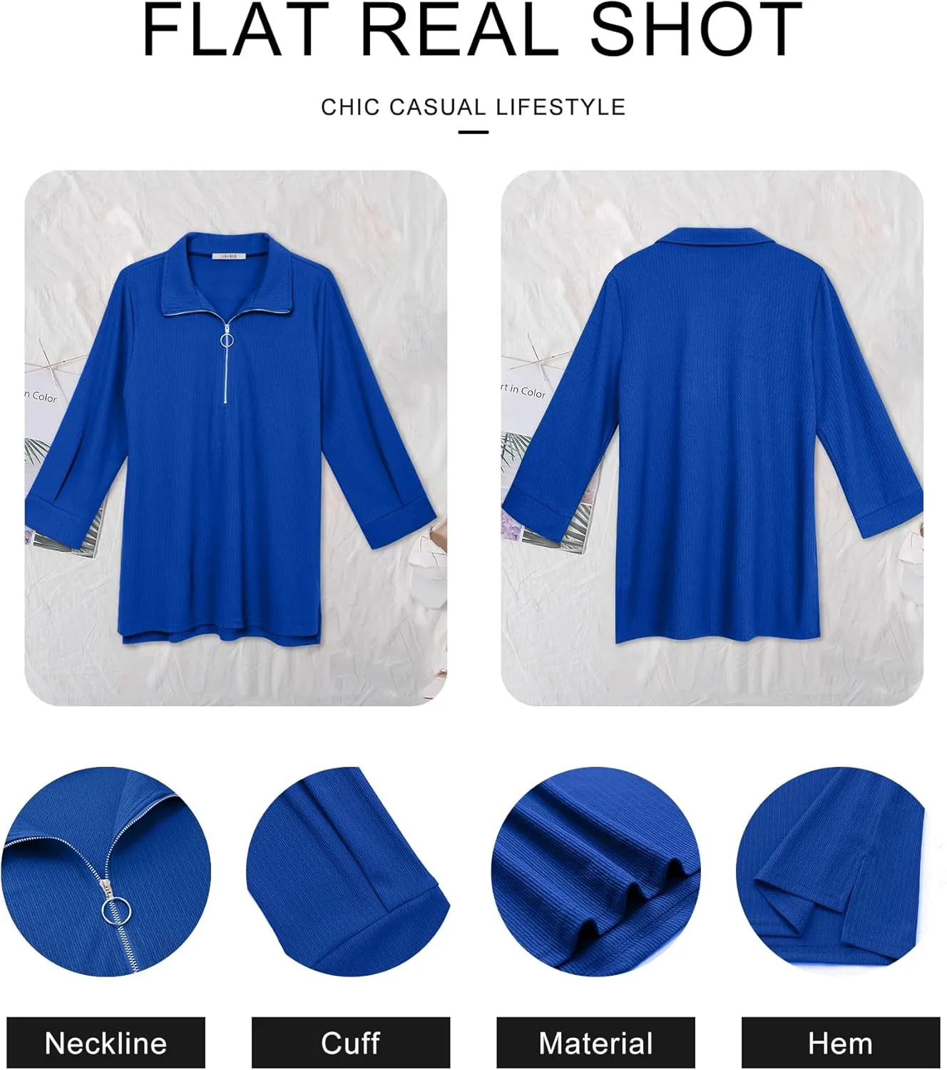 Vivilli Womens Tops Dressy Casual Summer Fall Outfts 3/4 Length Sleeve V Neck Shirts Work Blouses Zipper Collar Polo Shirts
