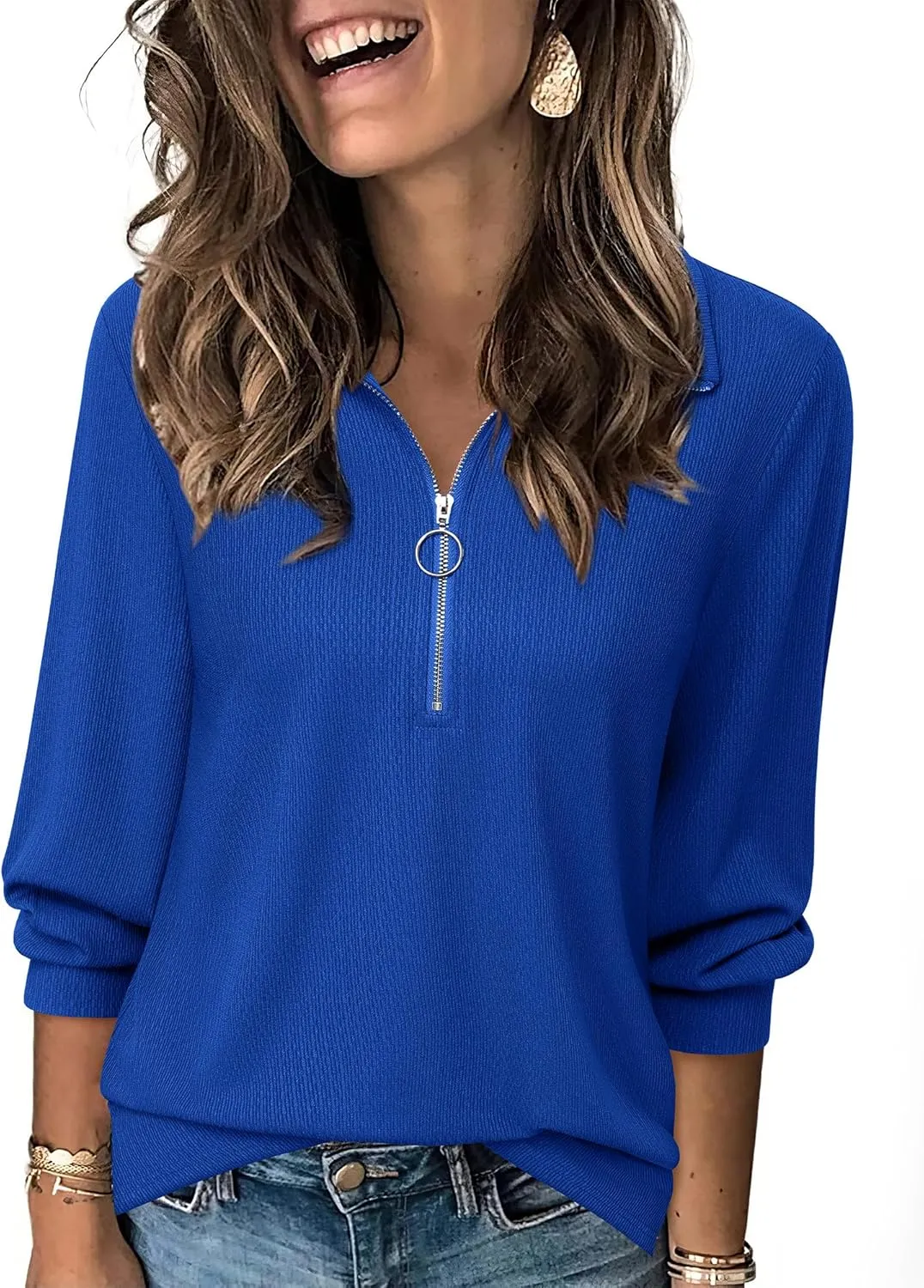 Vivilli Womens Tops Dressy Casual Summer Fall Outfts 3/4 Length Sleeve V Neck Shirts Work Blouses Zipper Collar Polo Shirts