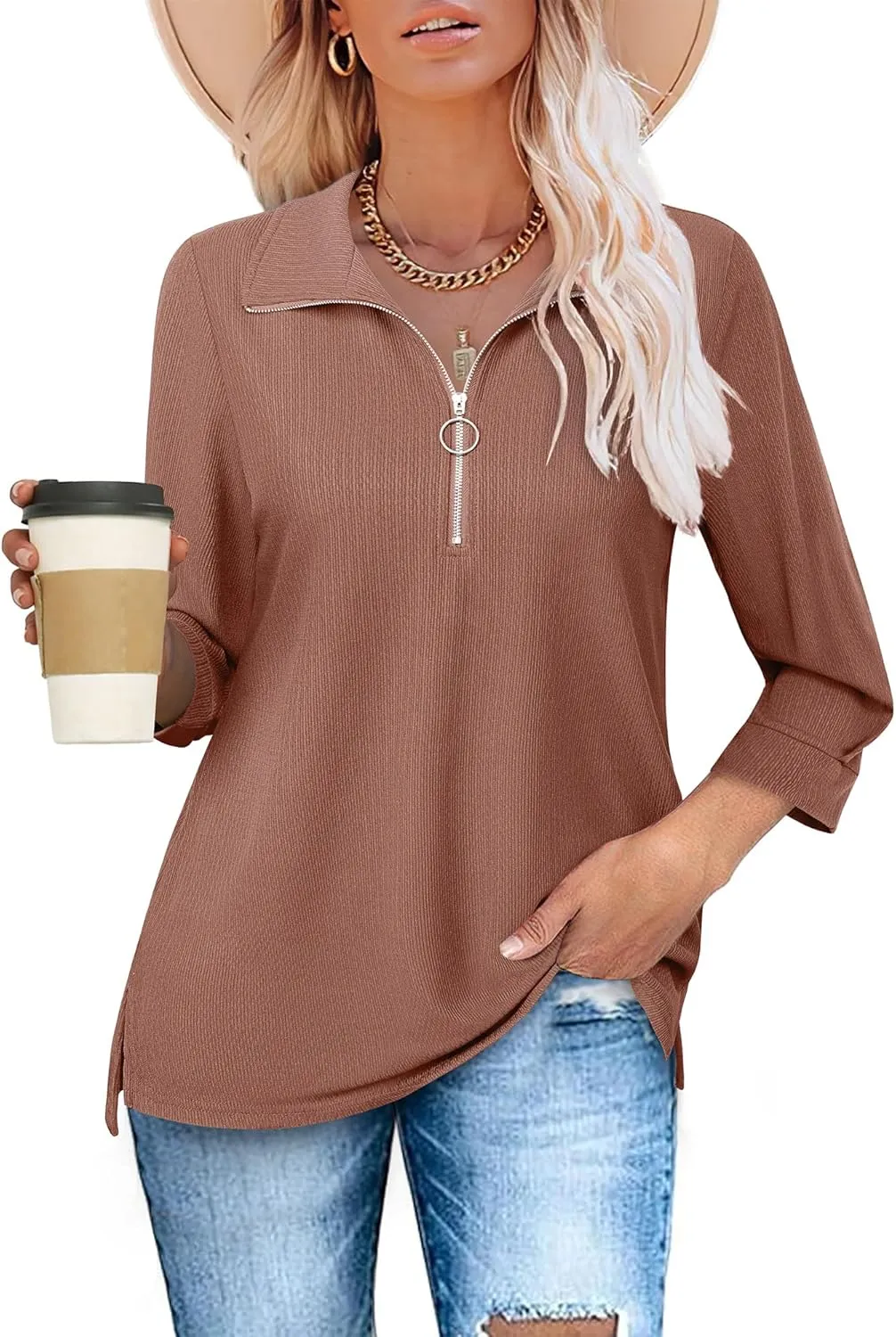 Vivilli Womens Tops Dressy Casual Summer Fall Outfts 3/4 Length Sleeve V Neck Shirts Work Blouses Zipper Collar Polo Shirts