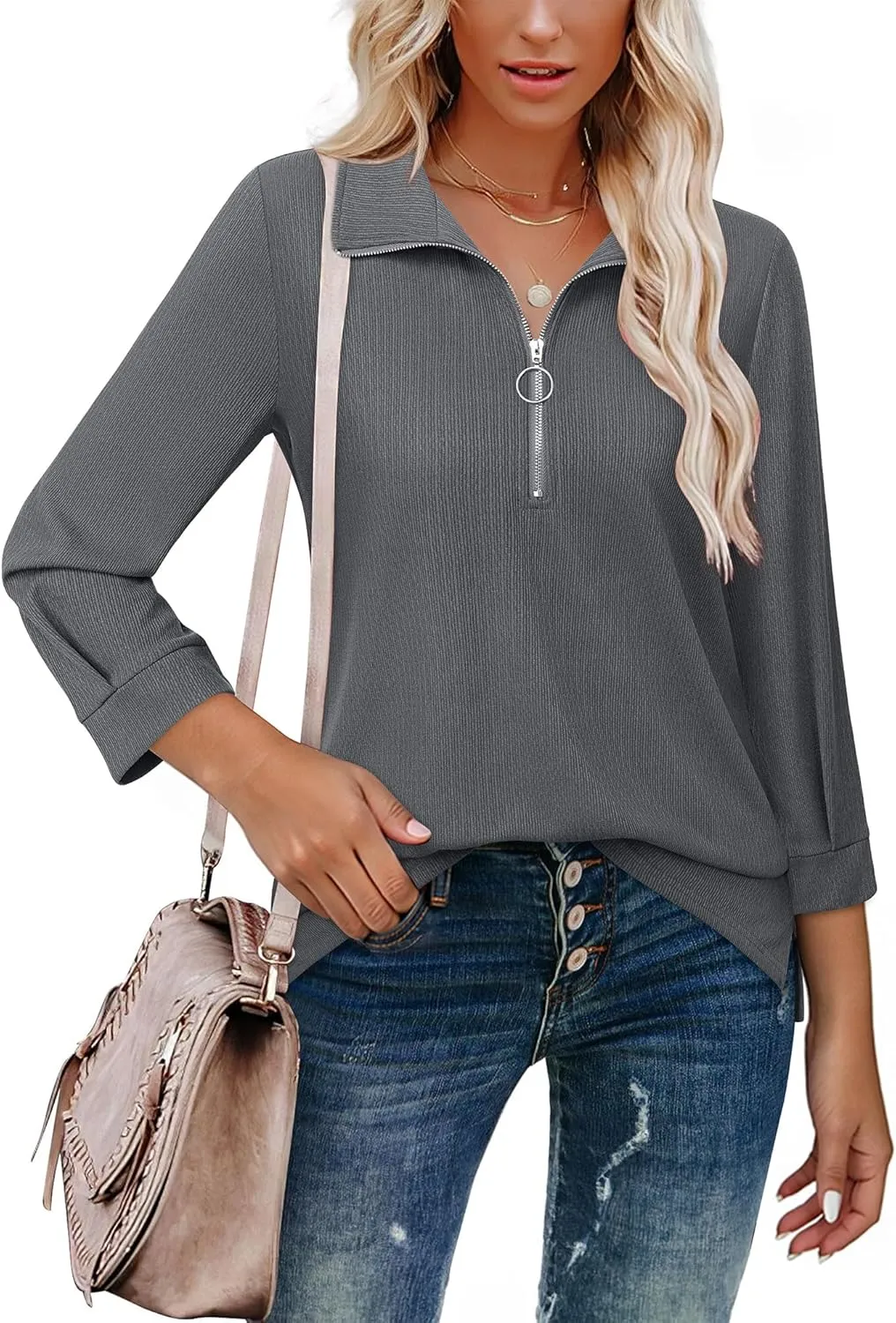 Vivilli Womens Tops Dressy Casual Summer Fall Outfts 3/4 Length Sleeve V Neck Shirts Work Blouses Zipper Collar Polo Shirts