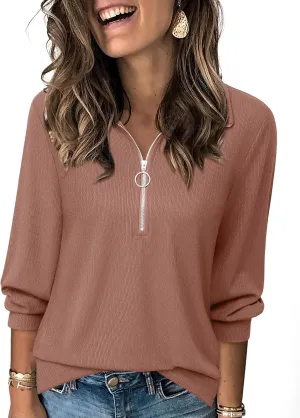 Vivilli Womens Tops Dressy Casual Summer Fall Outfts 3/4 Length Sleeve V Neck Shirts Work Blouses Zipper Collar Polo Shirts