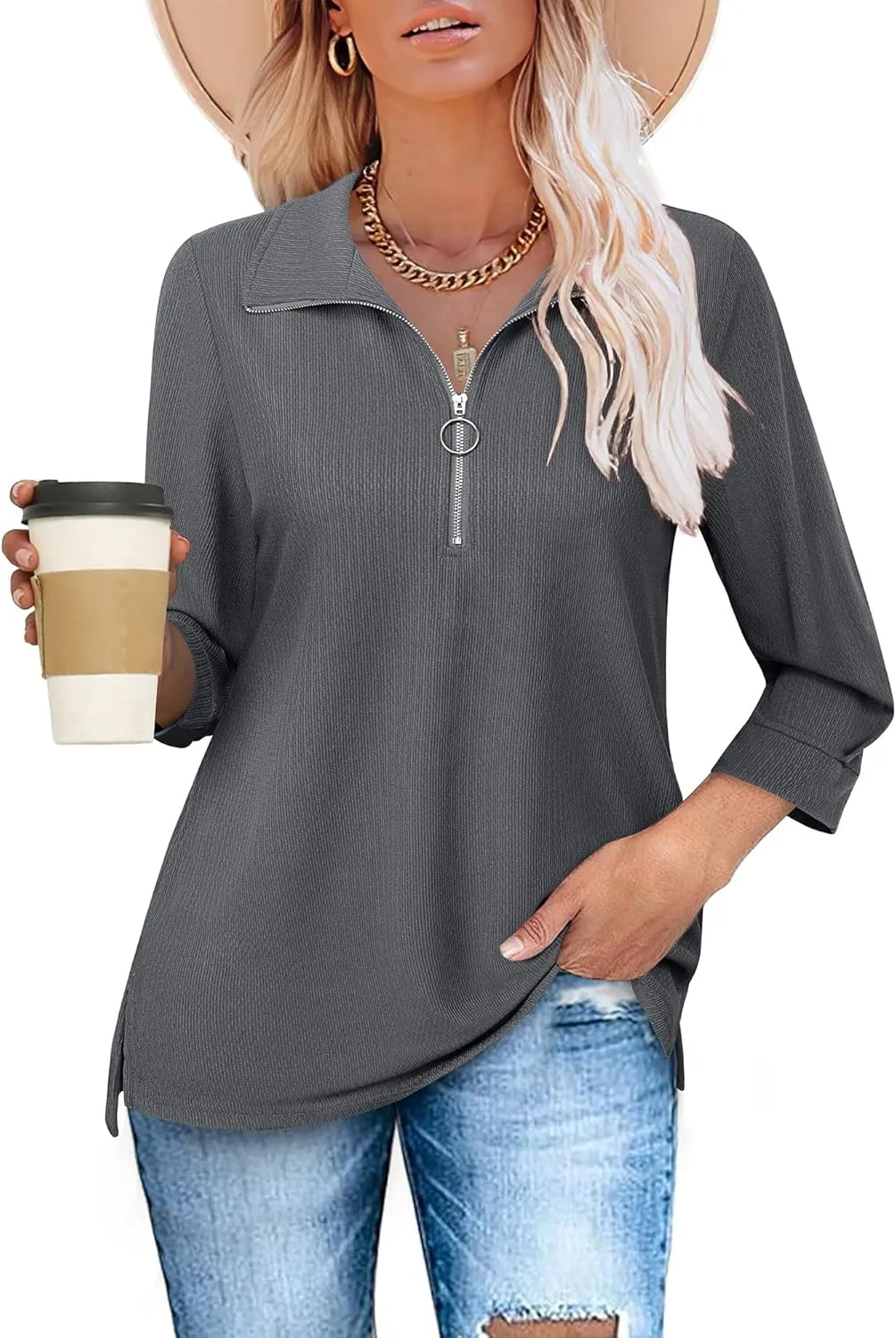 Vivilli Womens Tops Dressy Casual Summer Fall Outfts 3/4 Length Sleeve V Neck Shirts Work Blouses Zipper Collar Polo Shirts