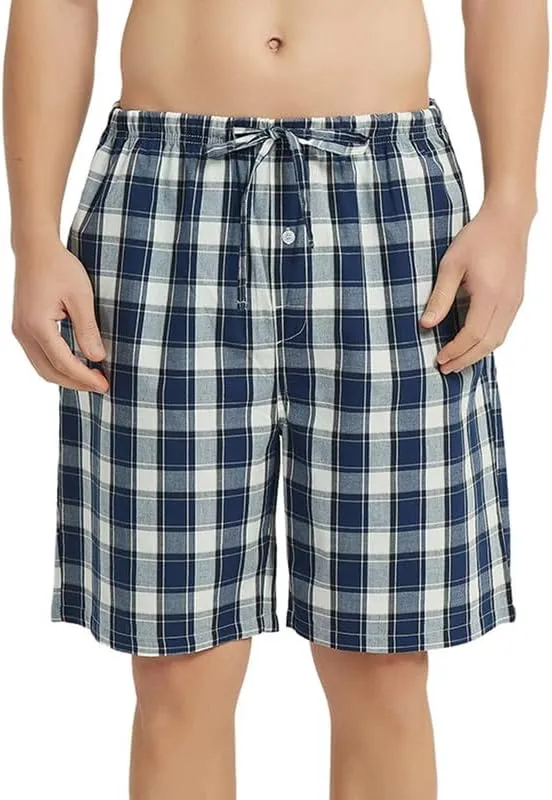 Vulcanodon 2 Pack Men's Cotton Pajama Shorts, Soft Woven Pajama Shorts for Men Plaid Pj Bottoms