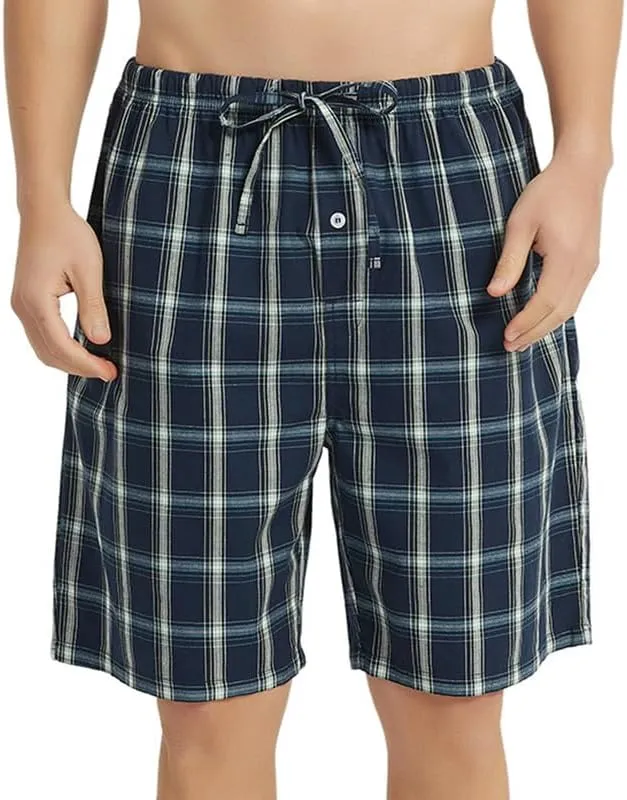 Vulcanodon 2 Pack Men's Cotton Pajama Shorts, Soft Woven Pajama Shorts for Men Plaid Pj Bottoms