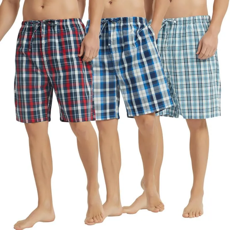 Vulcanodon 2 Pack Men's Cotton Pajama Shorts, Soft Woven Pajama Shorts for Men Plaid Pj Bottoms