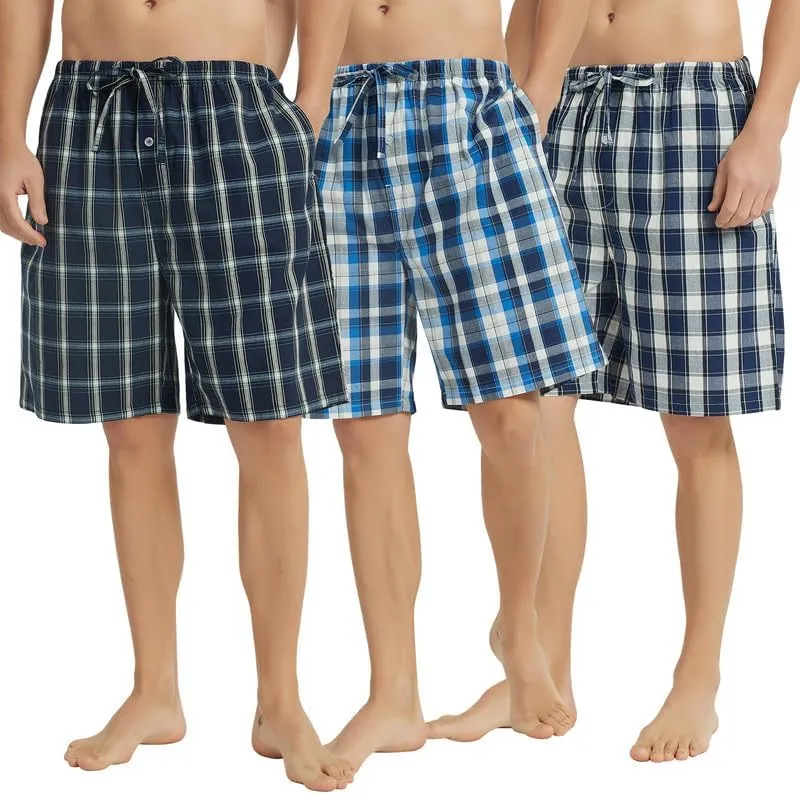 Vulcanodon 2 Pack Men's Cotton Pajama Shorts, Soft Woven Pajama Shorts for Men Plaid Pj Bottoms
