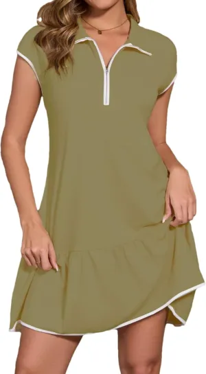 Wanzetaly Women's Casual Summer Mini Dresses Colorblock Cap Sleeve Half Zip Athletic Tennis Dress