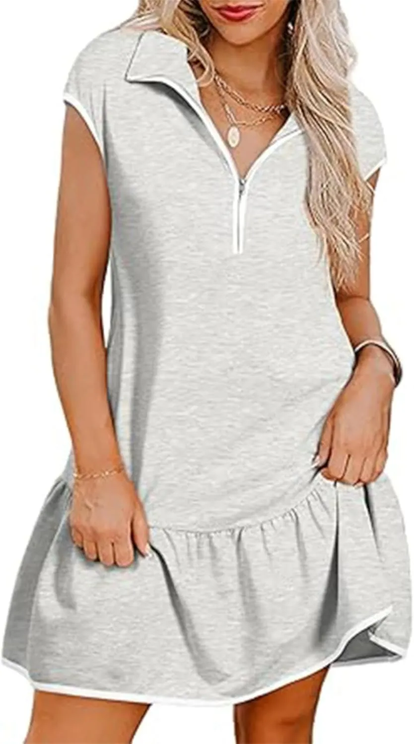 Wanzetaly Women's Casual Summer Mini Dresses Colorblock Cap Sleeve Half Zip Athletic Tennis Dress