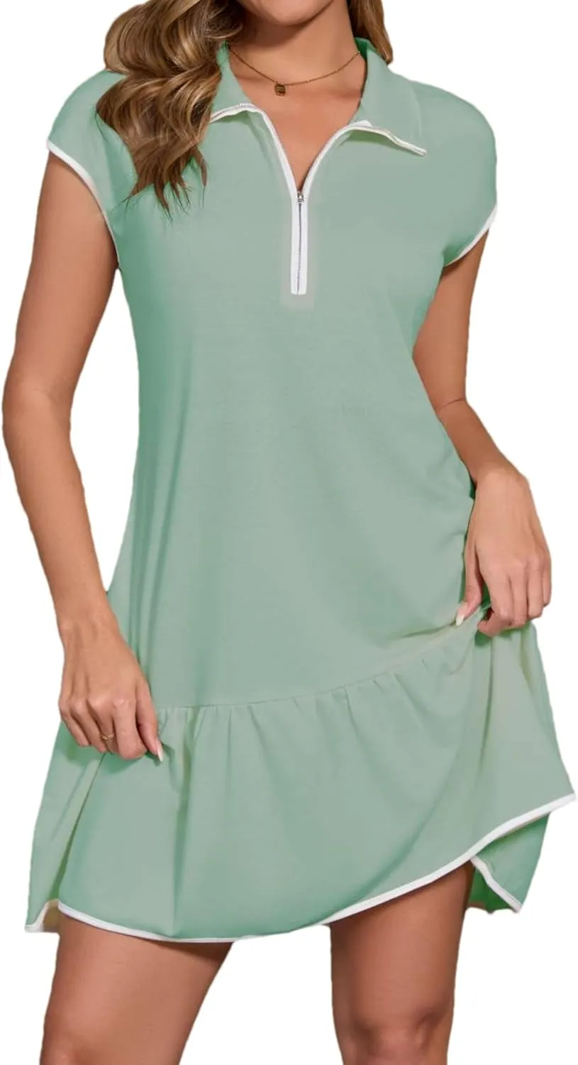 Wanzetaly Women's Casual Summer Mini Dresses Colorblock Cap Sleeve Half Zip Athletic Tennis Dress