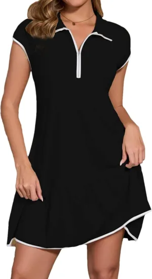 Wanzetaly Women's Casual Summer Mini Dresses Colorblock Cap Sleeve Half Zip Athletic Tennis Dress