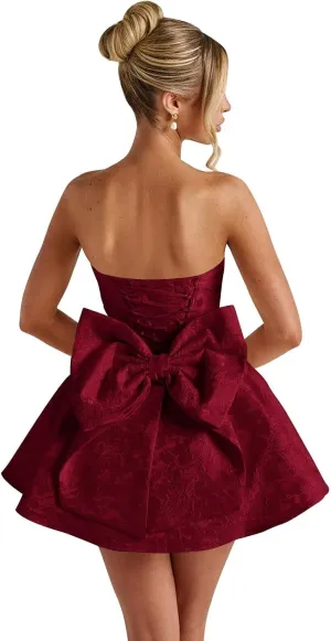 Wchecalino Floral Jacquard Satin Homecoming Dresses with Bow 2025 Strapless Short Mini Wedding Bridal Dresses