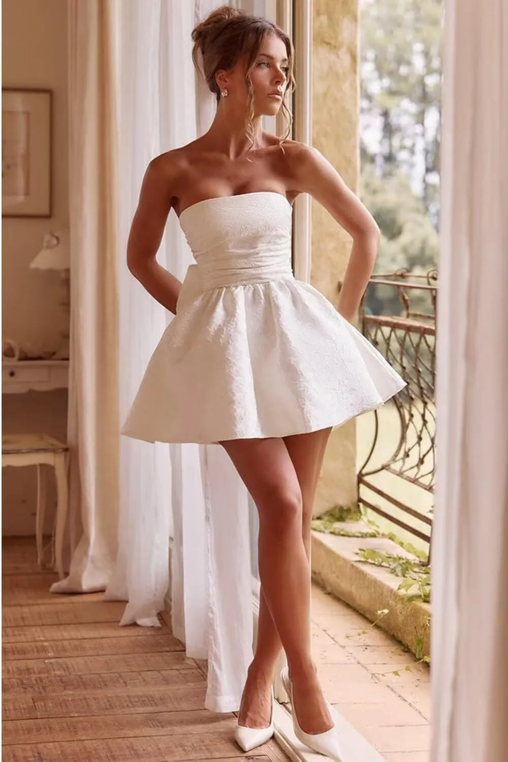 Wchecalino Floral Jacquard Satin Homecoming Dresses with Bow 2025 Strapless Short Mini Wedding Bridal Dresses