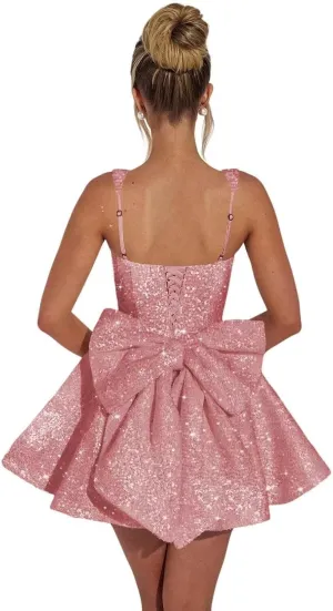 Wchecalino Square Neck Sequin Homecoming Dresses 2025 Short Spaghetti Strap Sparkly Cocktail Party Dresses with Bow
