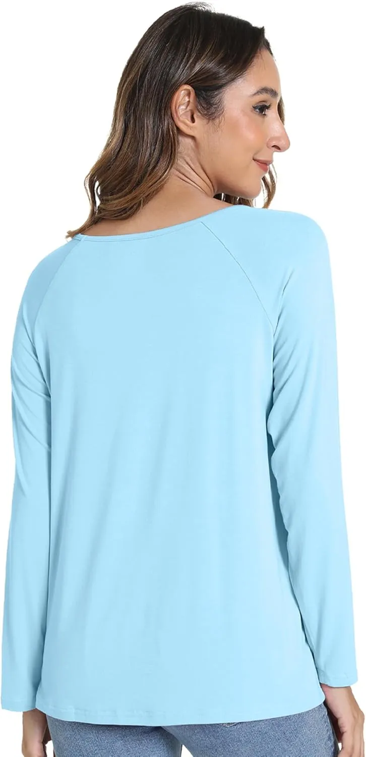 WiWi Women's Viscose from Bamboo Pajama Tops Soft Scoop Neck Sleep Shirt Loose Long Sleeves T-Shirt Loungewear S-XXL