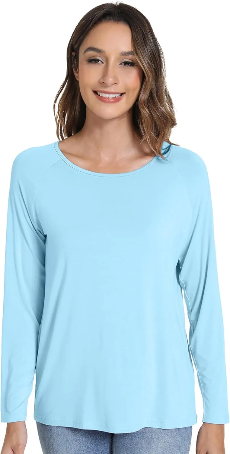 WiWi Women's Viscose from Bamboo Pajama Tops Soft Scoop Neck Sleep Shirt Loose Long Sleeves T-Shirt Loungewear S-XXL