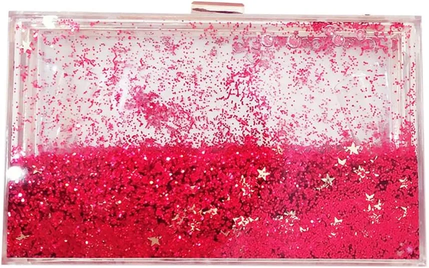 Women Acrylic Clutch Purse Clear Evening Shoulder Bag Star Quicksand Liquid Clutch Purse for Wedding Party Prom 2074-Red