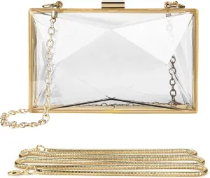 Women Clear Purse, Acrylic Box Evening Clutch Bag, Transparent Rhombus Lady Party Wedding Crossbody Shoulder Handbag (Gold)