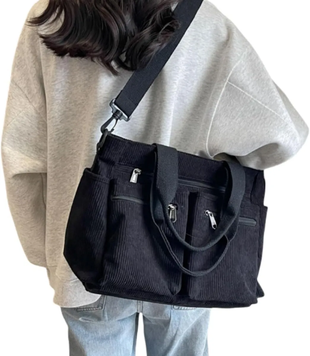 Women Corduroy Satchel Tote Bag Multi Pockets Large Capacity Totes Handbag Casual Work Meaaenger Purse,Green