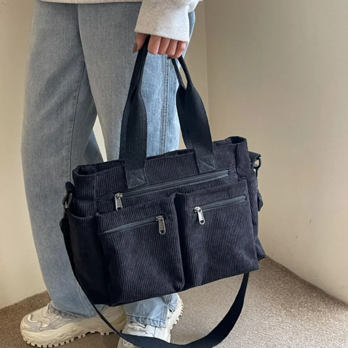 Women Corduroy Satchel Tote Bag Multi Pockets Large Capacity Totes Handbag Casual Work Meaaenger Purse,Green