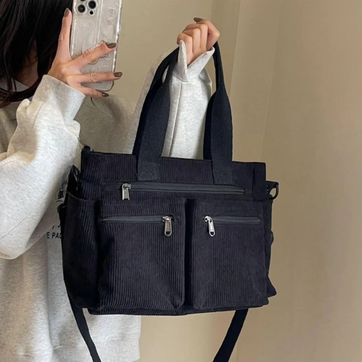Women Corduroy Satchel Tote Bag Multi Pockets Large Capacity Totes Handbag Casual Work Meaaenger Purse,Green