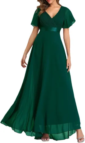 Women Elegant V-Neck Ruffles Chiffon Dresses Summer Formal Wedding Party Evening Gown Dress