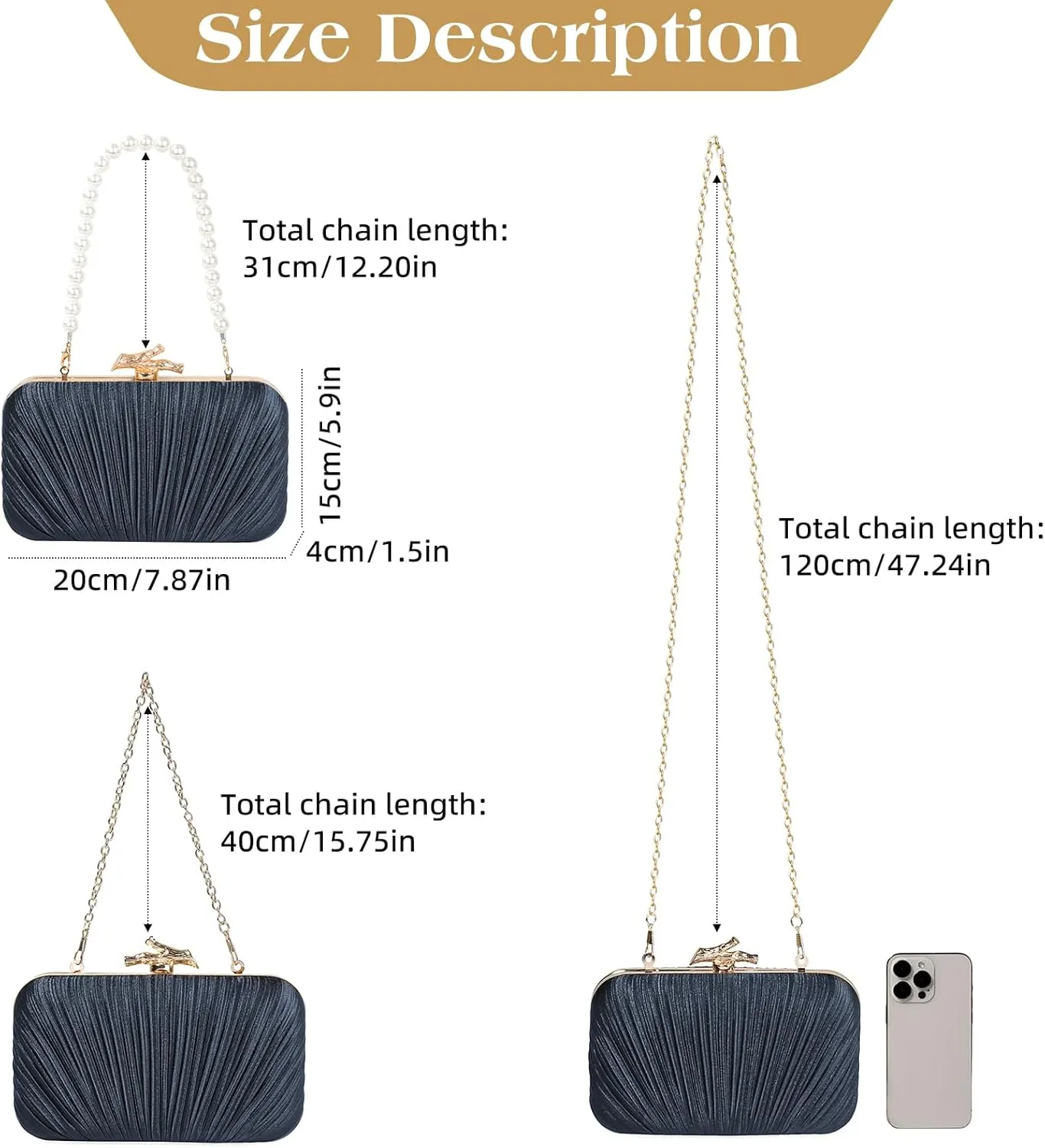 Women Evening Bag Clutch Purse, Pleated Satin Seashell Evening Clutch for Wedding Party Cocktail Prom Dinner with Pearl Chain