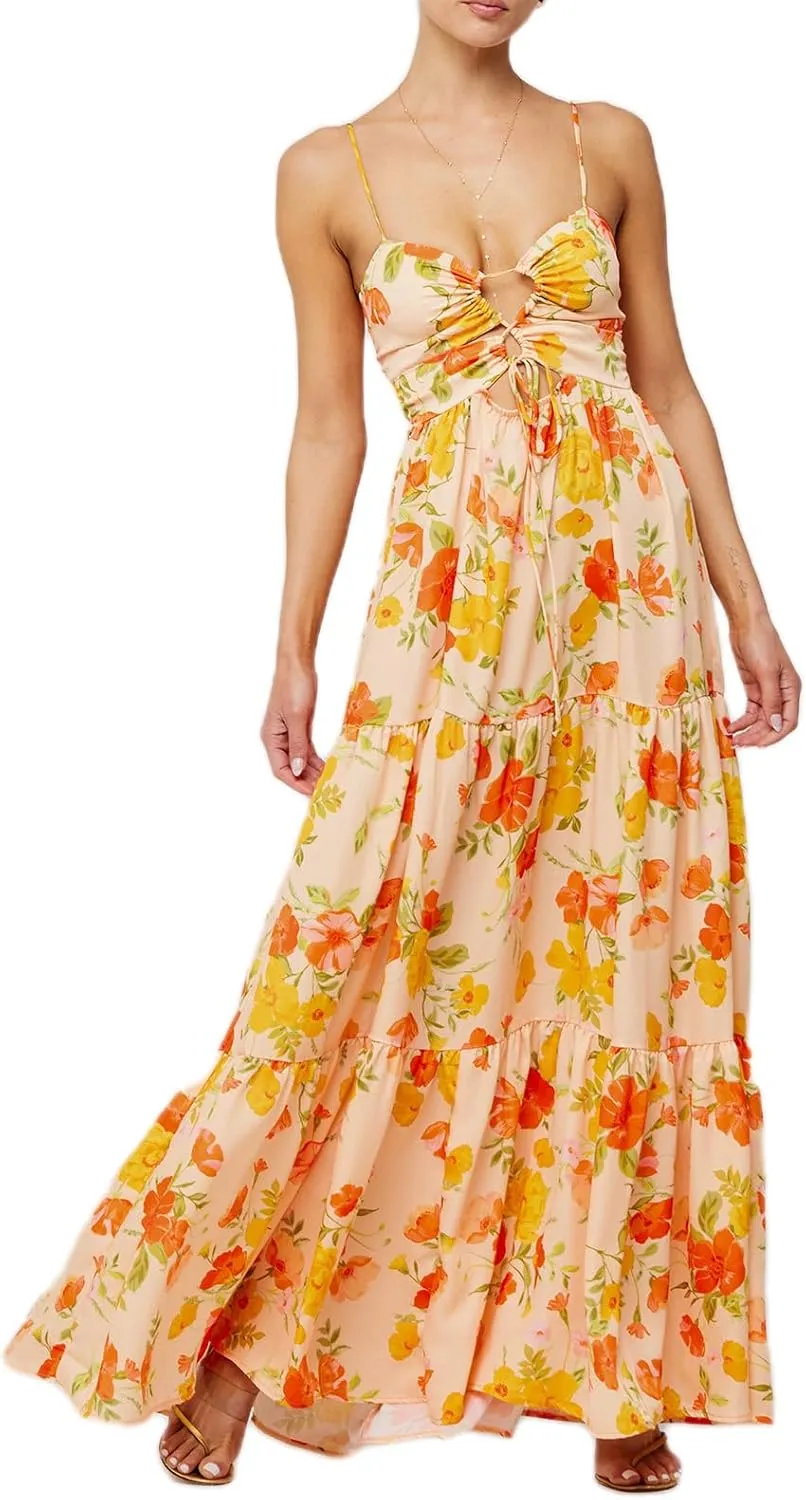 Women Floral Maxi Dresses 2025 Sleeveless Spaghetti Strap Cut Out Casual Beach Midi Long Dress