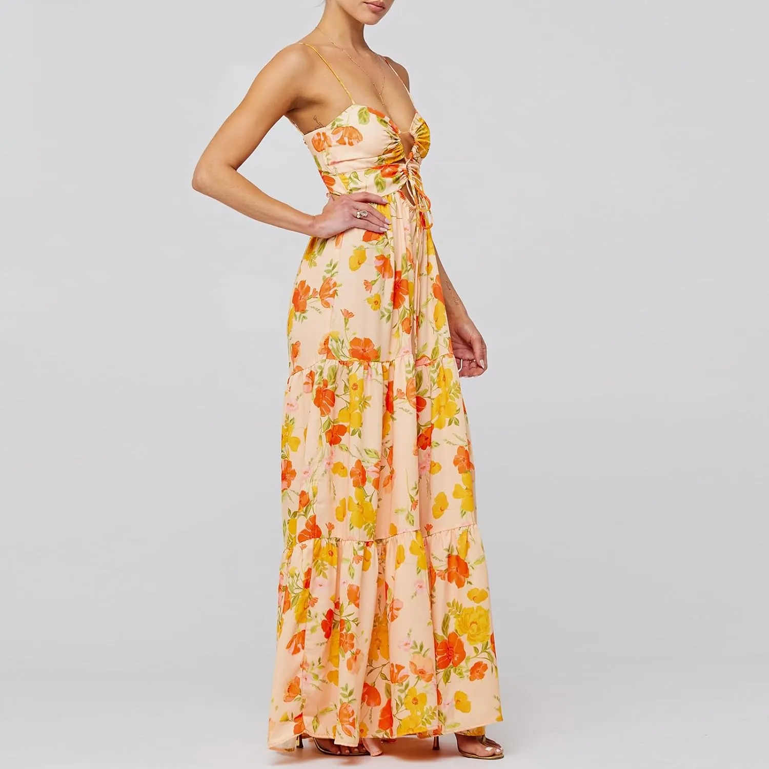 Women Floral Maxi Dresses 2025 Sleeveless Spaghetti Strap Cut Out Casual Beach Midi Long Dress