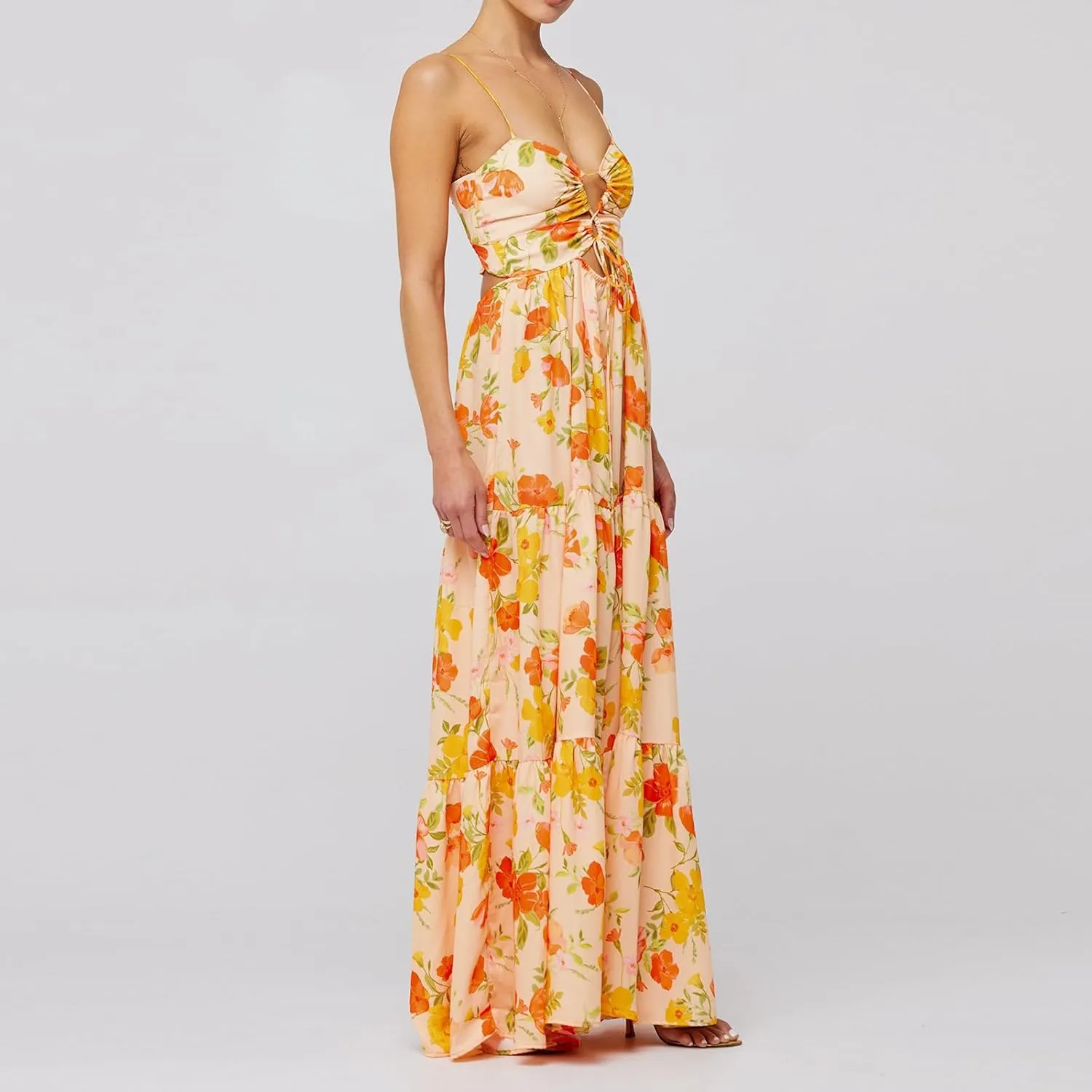 Women Floral Maxi Dresses 2025 Sleeveless Spaghetti Strap Cut Out Casual Beach Midi Long Dress