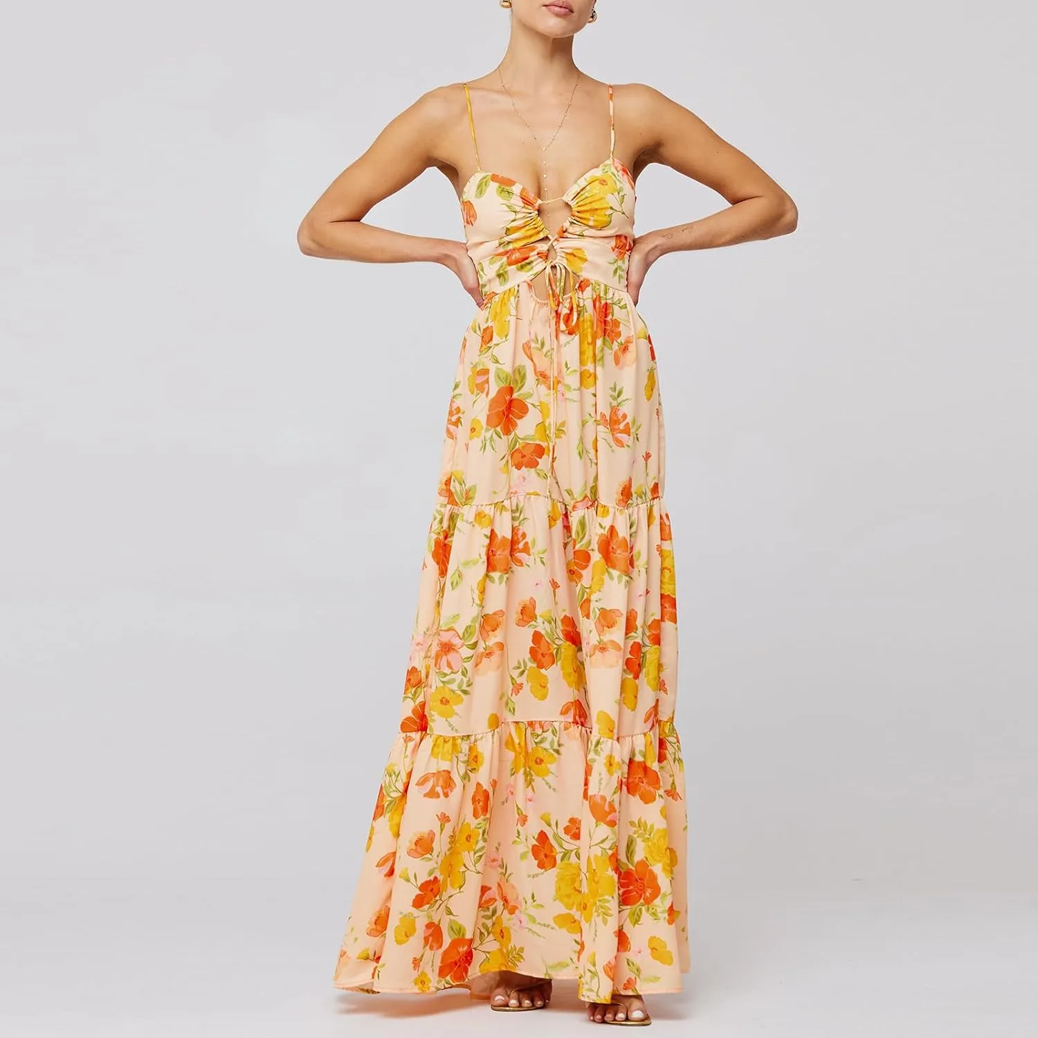 Women Floral Maxi Dresses 2025 Sleeveless Spaghetti Strap Cut Out Casual Beach Midi Long Dress