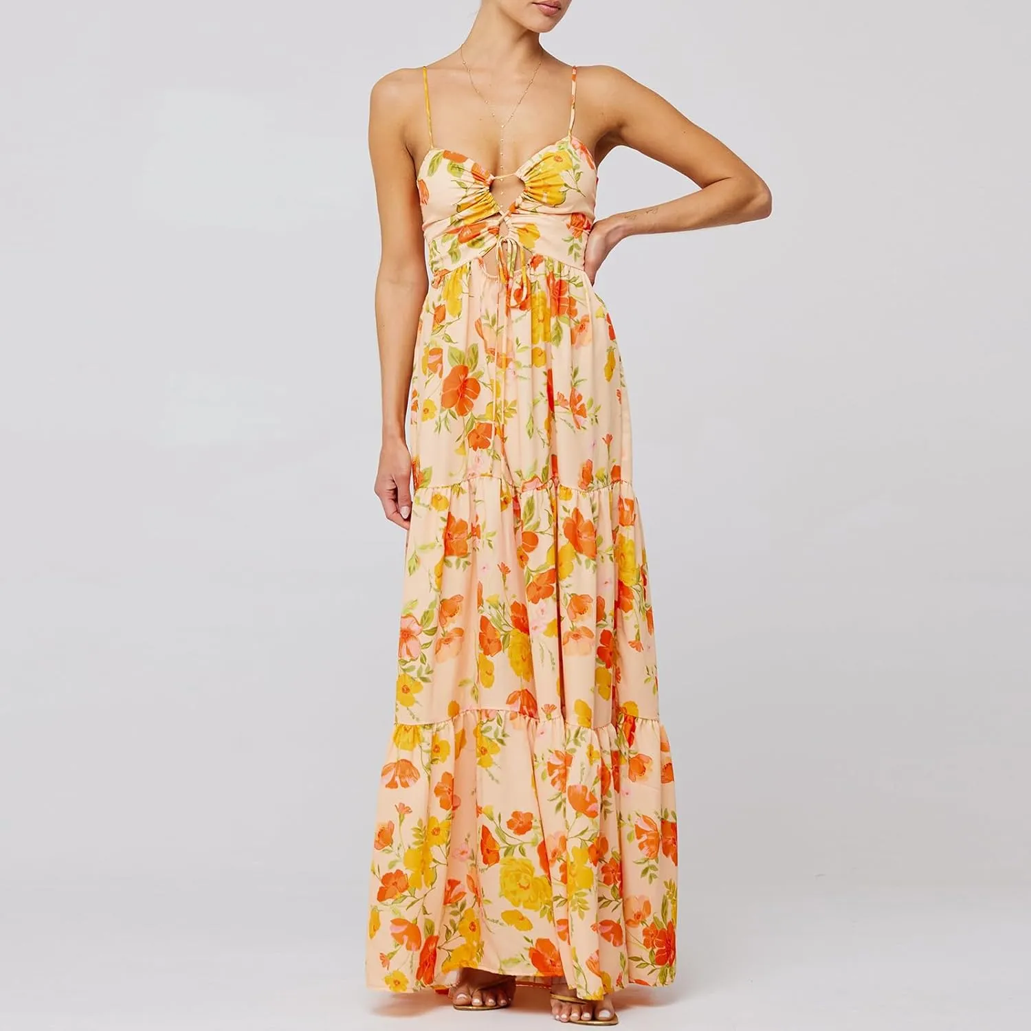 Women Floral Maxi Dresses 2025 Sleeveless Spaghetti Strap Cut Out Casual Beach Midi Long Dress