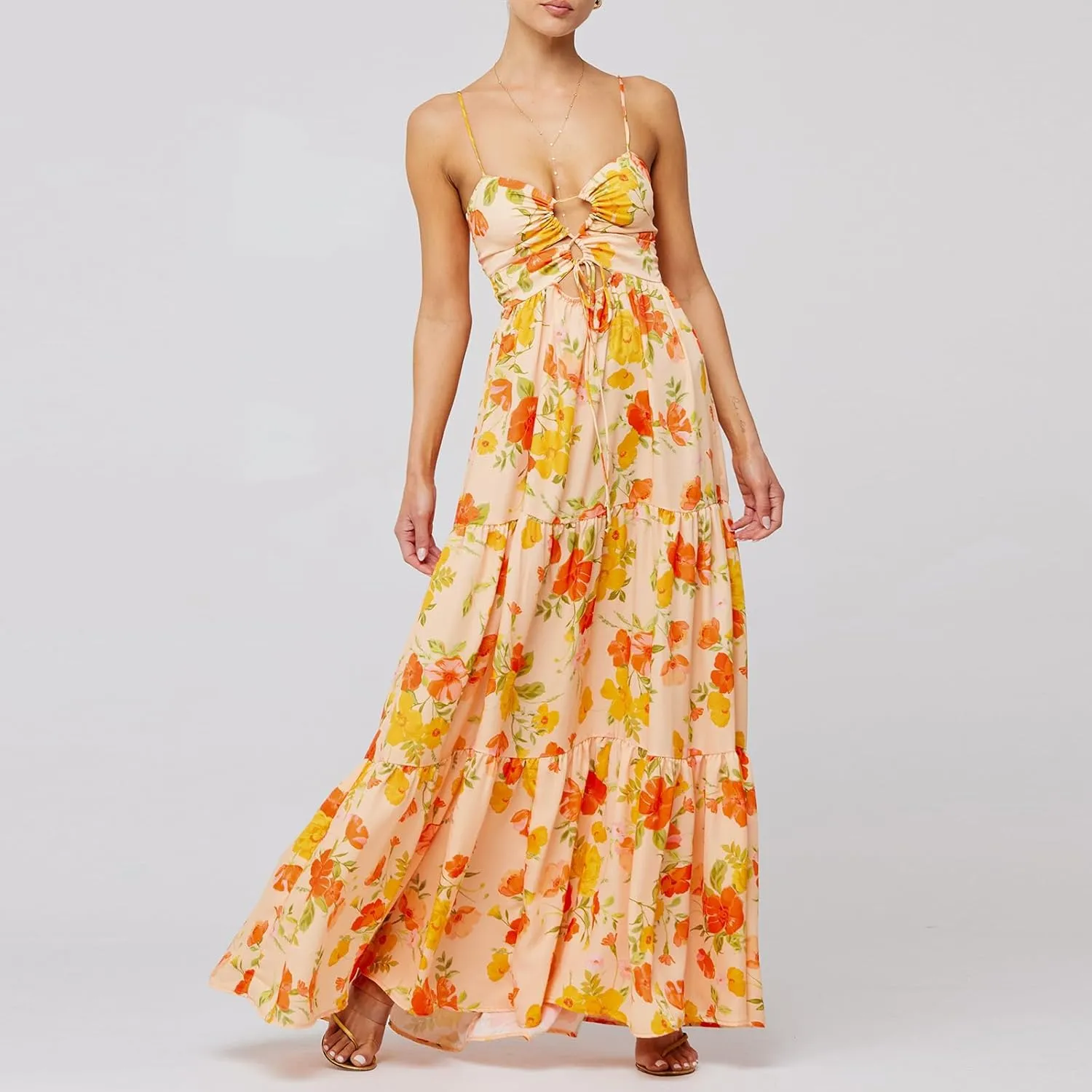 Women Floral Maxi Dresses 2025 Sleeveless Spaghetti Strap Cut Out Casual Beach Midi Long Dress
