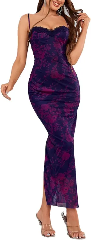 Women Floral Mesh Camisole Long Back Hollow Out Split Sheath Holiday Sundress