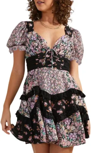 Women Floral Patchwork Mini Dresses Boho Ruffle Tiered Backless Puff Sleeve Short Dress Y2k V Neck Layered Sundresses