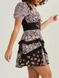 Women Floral Patchwork Mini Dresses Boho Ruffle Tiered Backless Puff Sleeve Short Dress Y2k V Neck Layered Sundresses