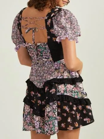 Women Floral Patchwork Mini Dresses Boho Ruffle Tiered Backless Puff Sleeve Short Dress Y2k V Neck Layered Sundresses