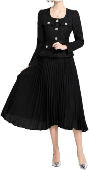 Women Long Sleeve Crystal Tweed Jackets Beading Coat Pleated Midi Long Chiffon Skirts Suits Party Dress
