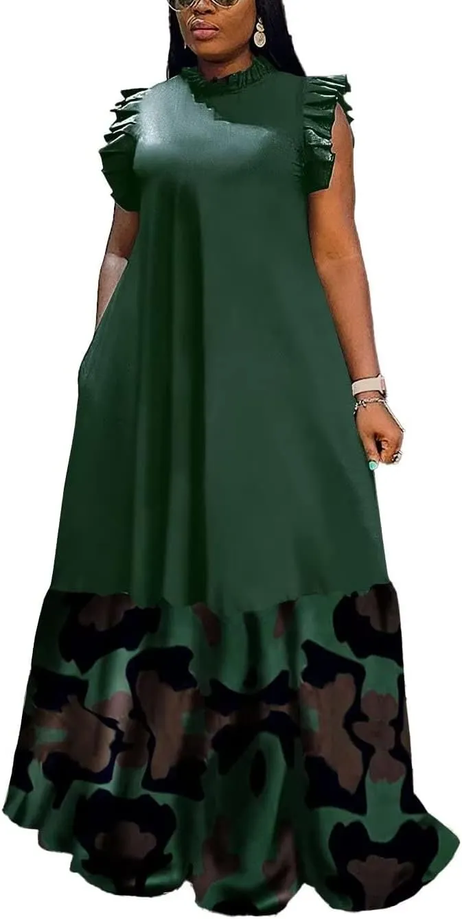 Women Maxi Dress Summer Plus Size Sleeveless Crewneck A Line Loose Long Dresses with Pockets