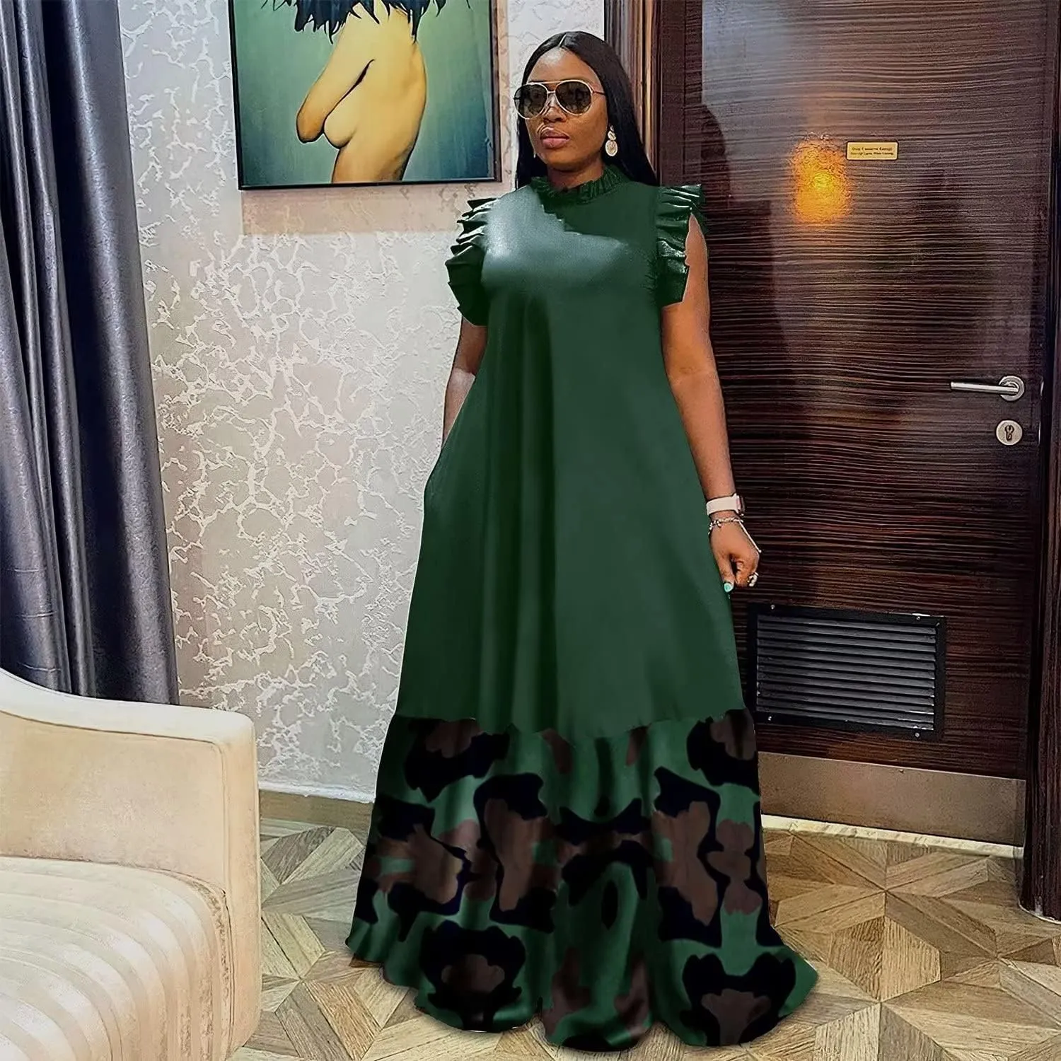 Women Maxi Dress Summer Plus Size Sleeveless Crewneck A Line Loose Long Dresses with Pockets