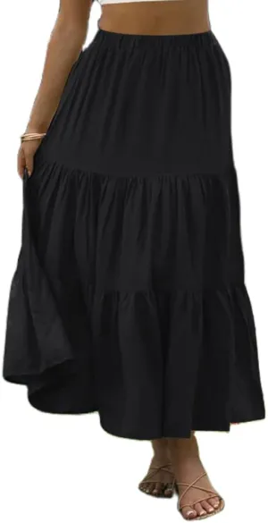 Women Plaid Maxi Skirt Boho Elastic Waist Flowy Long Skirt Pleated Ruffle Hem A Line Skirt Casual Tiered Swing Skirt